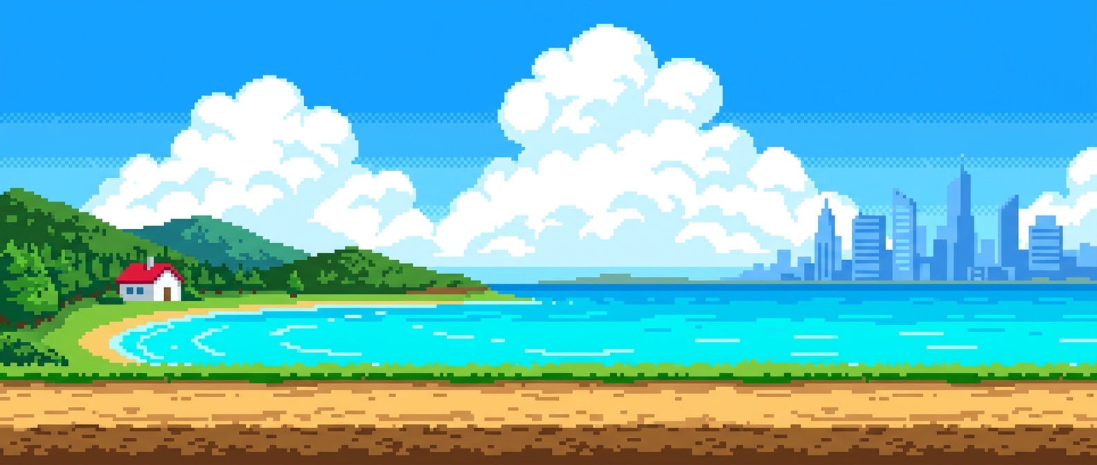 A dirt path along a turquoise bay, with a distant financial district on the horizon.